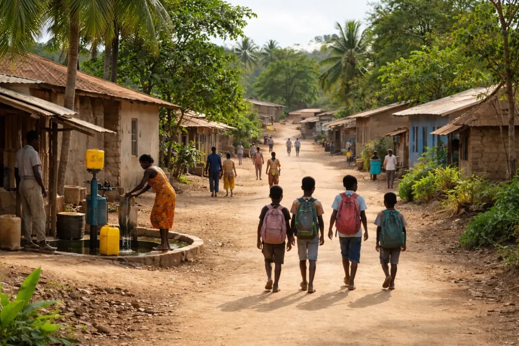 Illustrative image of everyday life in a global community, with people going about daily routines on a village street.