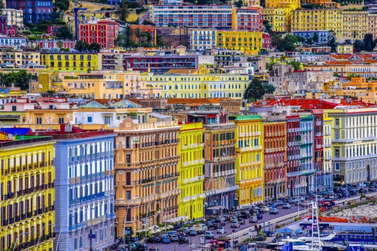 Colourful apartment buildings lining the waterfront in Naples, southern Italy