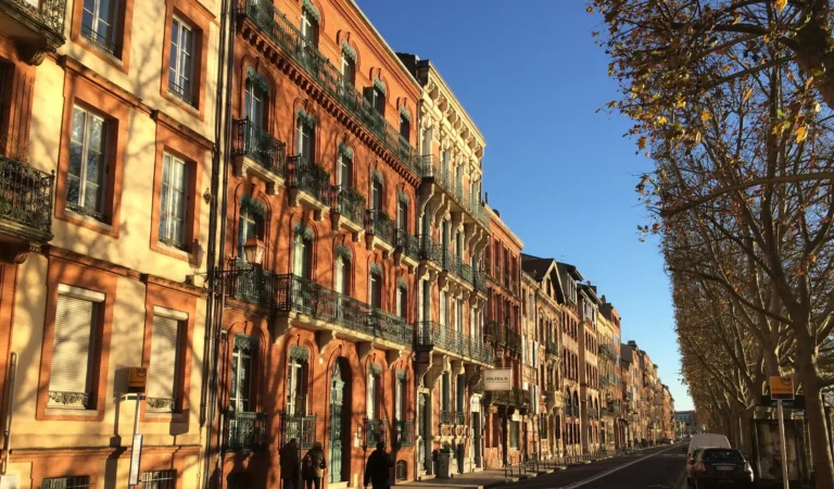 Tree-lined boulevard with red brick buildings in Toulouse